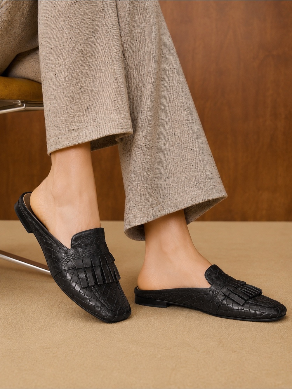 Sesto Meucci Black Woven Leather Fringe Mules